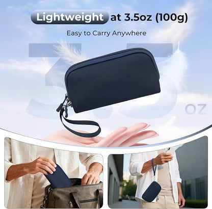 FYY Travel Cable Organizer - 8 Compartments, Lightweight, Water Repellent | With Wrist Strap, Portable Tech Pouch for Cord Charger, Travel and Business Trips Use, Soft Shell Nylon, Navy (Small)