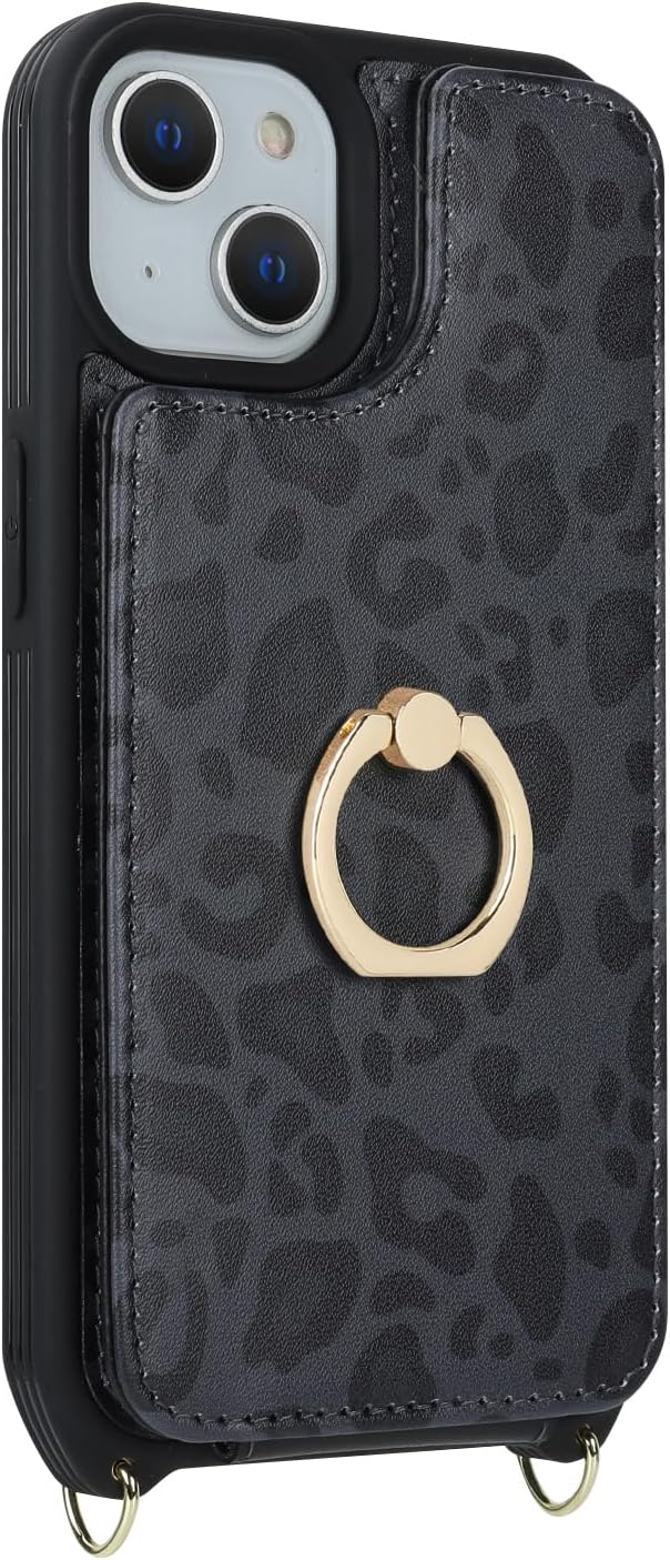 Lipvina for iPhone 14 Plus Case with Card Holder and Strap for Women,Crossbody Lanyard,RFID Blocking,Stand Ring Kickstand,Snap Clasp,Cute Phone Wallet Cases 6.7 inch - Black Leopard