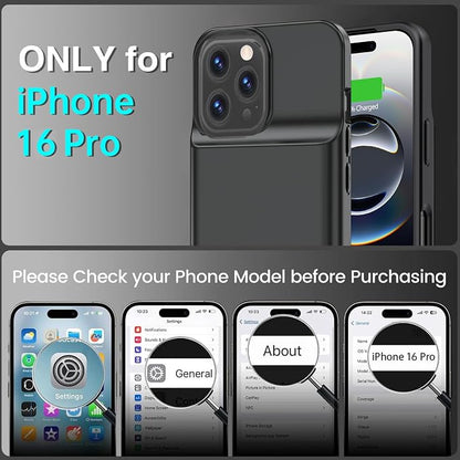 BOPPS Charging Case for iPhone 16 Pro 【Support Carplay】 Slim 8500mAh Portable Charger Case 360°Protection Rechargeable Extended Battery case for iPhone 16 Pro-6.3 Inch (Black)