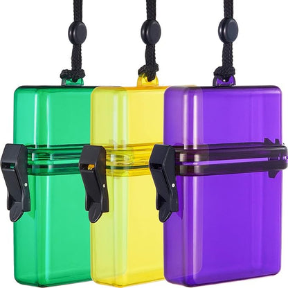 Outus 3 Pcs Waterproof ID Badge Holder Case with Waterproof Buckle Floating Sports Case Locker with Adjustable Hanging Rope Plastic Card Dry Box(Green, Yellow, Purple,4.72 x 2.95 x 1.57 in,Classic)