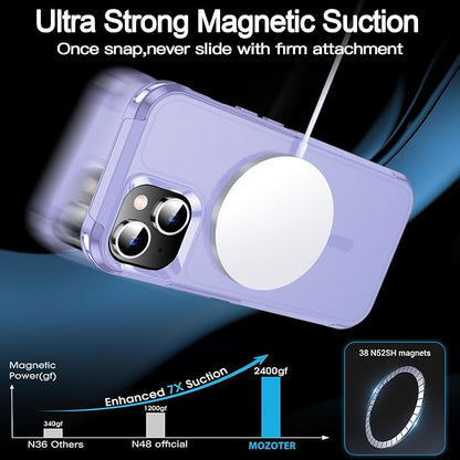 MOZOTER Magnetic for iPhone 15 Case with [2 Pcs Glass Screen Protector],[15 FT Shockproof][Compatible with Magsafe][Heavy Duty] iPhone Case for iPhone 15,Light Purple