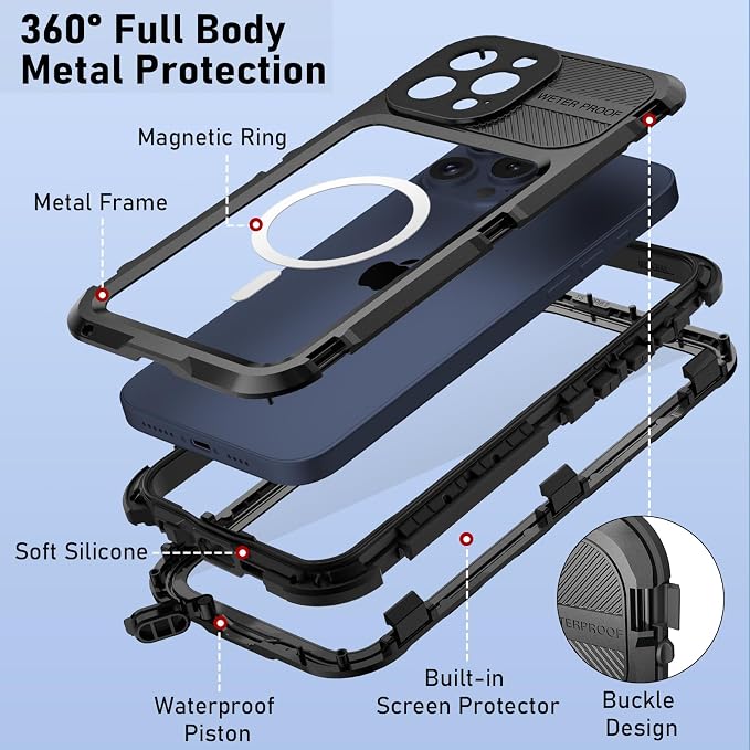 WIFORT for iPhone 15 Pro Waterproof Case - Metal Heavy Duty Full Body Protective Cover Built-in Screen Protector, IP68 Water Proof Military Grade Shockproof Rugged Drop Defender Phone case 6.1" Black
