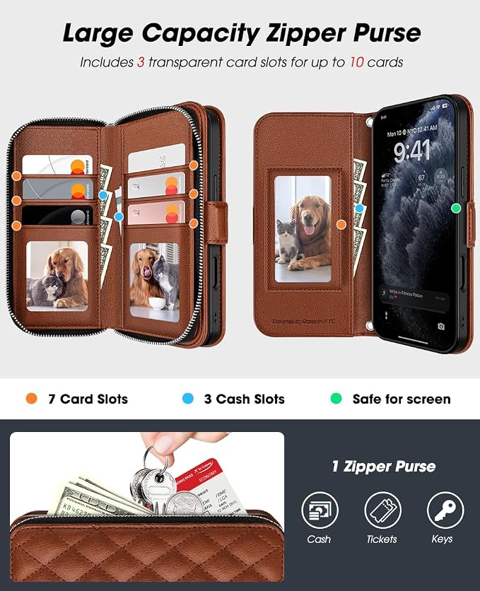 OCASE for iPhone 17 Crossbody Wallet Case - Stylish PU Leather Handbag Phone Purse with Zipper Closure, Card Slots & RFID Blocking - Wrist Strap, Lanyard, Kickstand - Diamond Check Brown