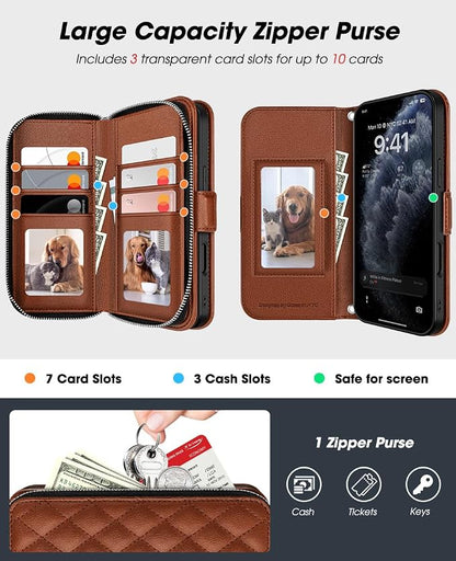 OCASE for iPhone 17 Pro Crossbody Wallet Case - Stylish PU Leather Handbag Phone Purse with Zipper Closure, Card Slots & RFID Blocking - Wrist Strap, Lanyard, Kickstand - Diamond Check Brown