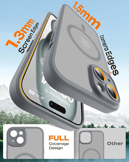 TOCOL for Phone 15 Case, Compatible with Magsafe Charger, Full Camera Protection, Drop Protection, Translucent Matte Phone Case for iPhone 15 6.1 inch (Gray)
