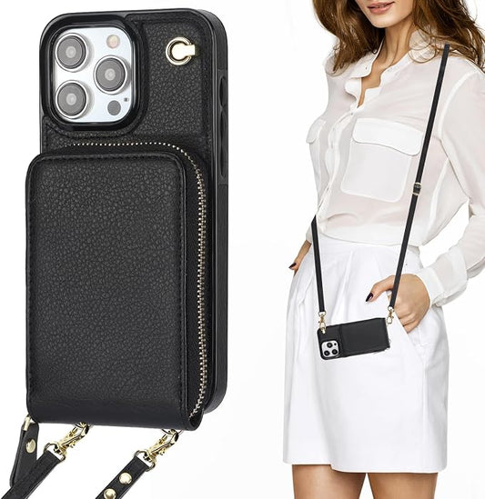 KIHUWEY Crossbody Wallet Case for iPhone 15 Pro Max, Zipper Pocket Case with Card Holder, PU Leather RFID Blocking Protective Cover with Kickstand and Detachable Wrist Strap Lanyard, 6.7" (Black)