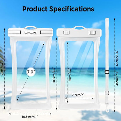 CACOE [Floatable] Floating Universal Waterproof Phone case 2 Pcs-Up to 7.0",Waterproof Phone Pouch with Adjustable Neck Lanyard,IPX8 Cellphone Dry Bags for Beach Pool Swimming（White+Blue）