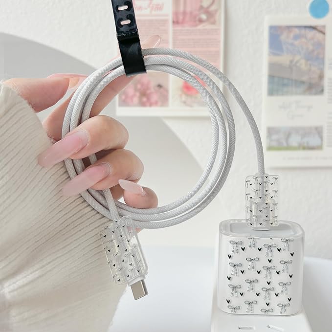 Lovmooful Compatible for iPhone 18W/20W USB-C Charger Cover Clear Lovely Bow Heart Design Soft Charger Protector Cute Cable Case Saver Protector for Girls Women-Black Bow Heart