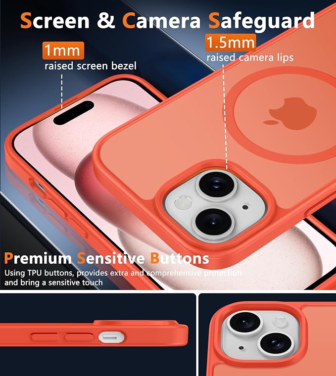 FNTCASE for iPhone 15 Case: for iPhone 14 Case & iPhone 13 Case [Compatible with Magsafe] Translucent Matte Cases with [Screen Protector] Military Grade Shockproof Protective Phone Cover - Orange