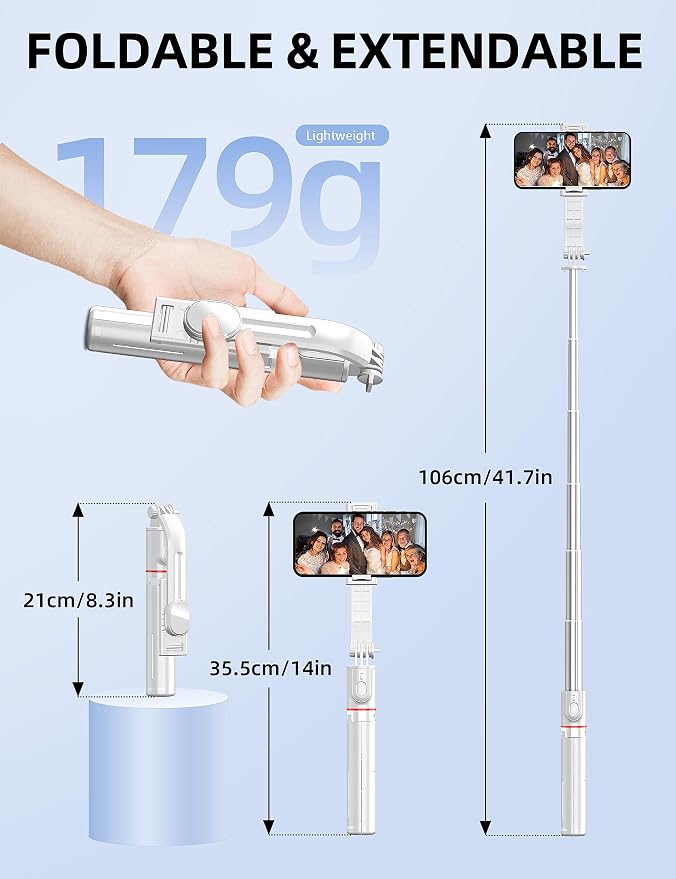 SelfieShow Phone Tripod & Selfie Stick, 41" Extendable Travel Tripod Stand with Detachable Remote, 360 Rotation, Compatible with iPhone/Samsung/GoPro & More (White)