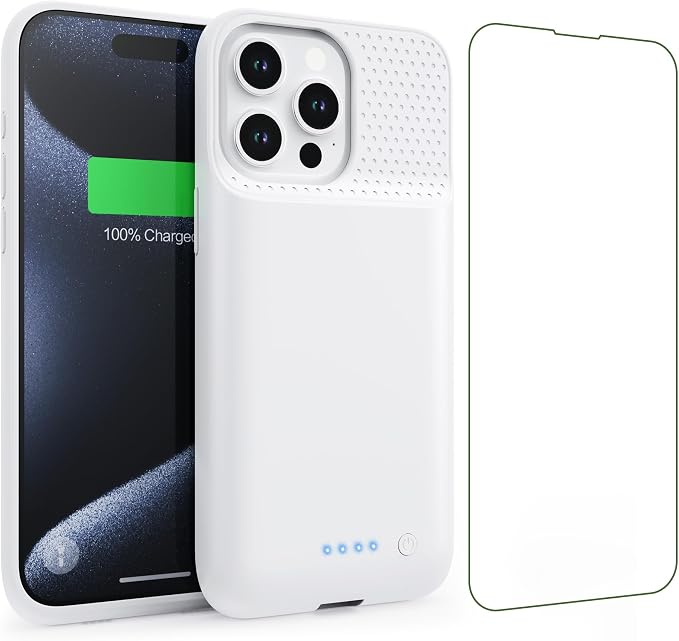 Battery Case for iPhone 15Pro Max, Upgrade 8600mah Portable Slim Battery Charging Case, 15W Fast Charging Rechargeable Protective Extended Charger Cover for iPhone 15 Pro Max (6.7 inch) (White)