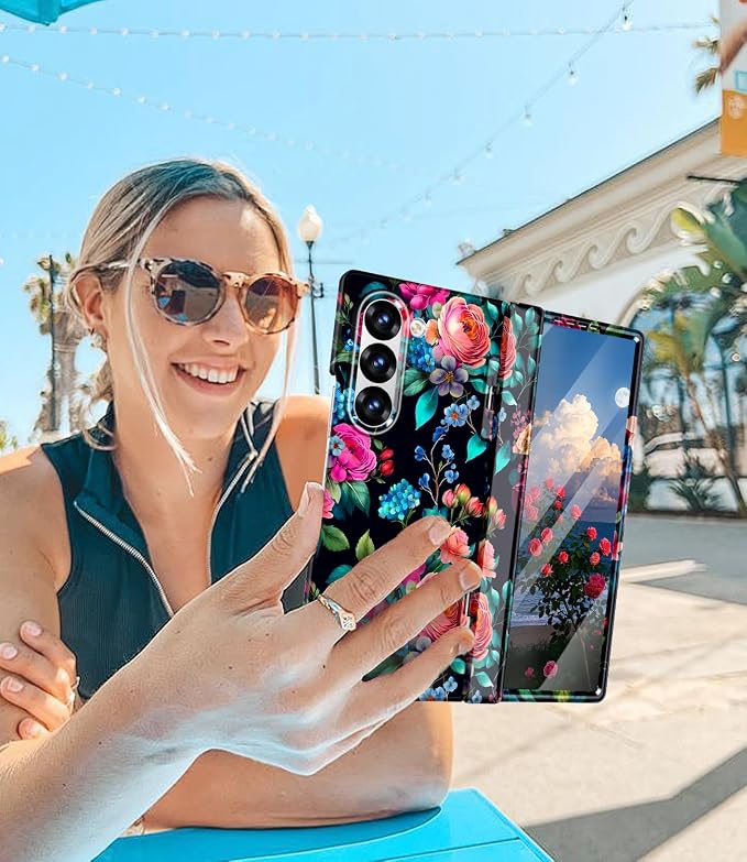 Btscase for Samsung Galaxy Z Fold 6 Case,Built in Front Screen Protector,Gold Glitter Marble Pattern Hard PC Slim Shockproof Full Body Drop Protective Case for Galaxy Z Fold 6 5G, Blackish Green