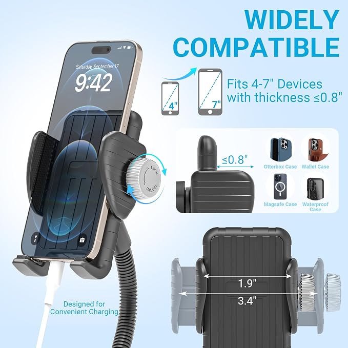 Bike Phone Mount, 360° Adjustable Gooseneck Universal Handlebar Phone Holder, Tool-Free Installation for Bicycle Scooter Stroller Wheelchair, Fit for iPhone 16 Pro Max/15/14/13 & 4-7" Phone