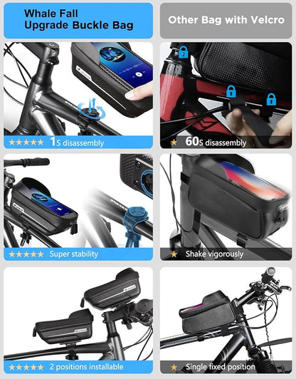 whale fall Waterproof Bike Frame Bag - [Quick Release] [Hard Shell] 2 in 1 Bike Phone Holder Mount, Bicycle Top Tube Bag with Sensitive Touchscreen, Bike Accessories for Phones Under 7"