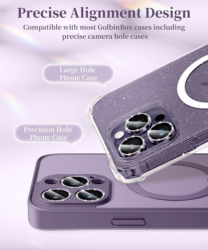 GolbinBox Camera Lens Protector for iPhone 14 Pro/14 Pro Max, 1:1 Invisible Fit, 9H Tempered Glass Ultra HD Metal Individual Camera Cover for Women, Case Friendly, Bling/Deep Purple