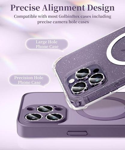 GolbinBox Camera Lens Protector for iPhone 14 Pro/14 Pro Max, 1:1 Invisible Fit, 9H Tempered Glass Ultra HD Metal Individual Camera Cover for Women, Case Friendly, Bling/Deep Purple