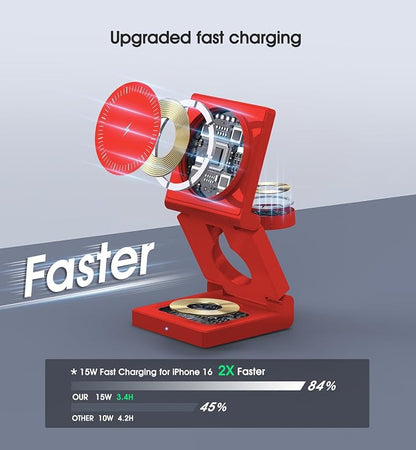 3 in 1 Wireless Charging Station for Apple Multple Devices - Foldable Magnetic Wireless Charger Dock -Travel 18W Charging Pad for iPhone 16 15 14 13 12 Pro/Pro Max/Plus/Watch & Airpods All Series Red