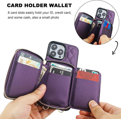 Bocasal Crossbody Wallet Case for iPhone 14 Pro Max, RFID Blocking PU Leather Zipper Handbag Purse Flip Cover, Kickstand Folio Case with Card Slots Holder Wrist Strap Lanyard 5G 6.7 Inch (Dark Purple)