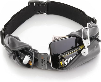 Slim Running Belt for Women and Men, Waterproof Phone Holder for Running, Reflective 2-Pocket Waist Pack for Storing Runner’s Essentials Safely, Runner’s Fanny Pack, Money Belt Fits Most Phones