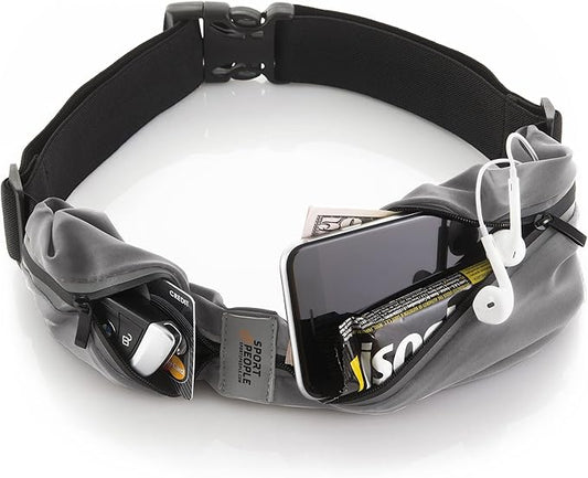 Slim Running Belt for Women and Men, Waterproof Phone Holder for Running, Reflective 2-Pocket Waist Pack for Storing Runner’s Essentials Safely, Runner’s Fanny Pack, Money Belt Fits Most Phones