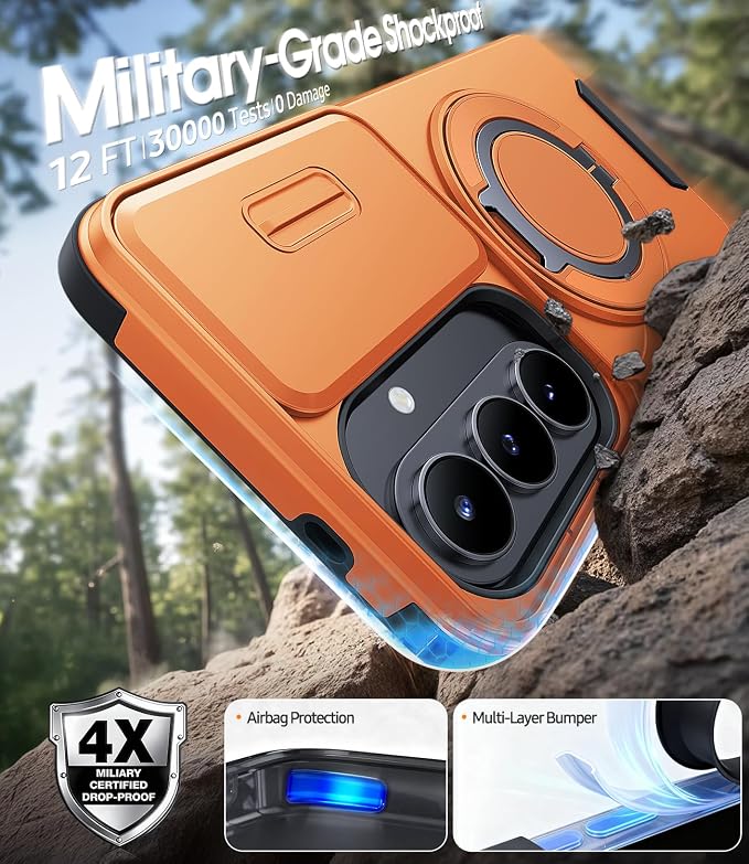 JAME for Samsung Galaxy S26 Case, Ring Holder Stand Kickstand, Slide Camera Cover with Screen Protector, Dual-Layer Shockproof Protective, Magnetic Accessory Friendly Galaxy S26 Phone Case, Orange