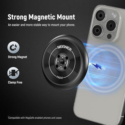 NEEWER Magnetic Phone Tripod Mount Adapter with Adhesive Magnetic Ring Compatible with MagSafe iPhone 15 Pro Max 15 Plus 14 13 12, 1/4" Thread for iPhone Video Recording Selfie Stick Ring Light, PA010