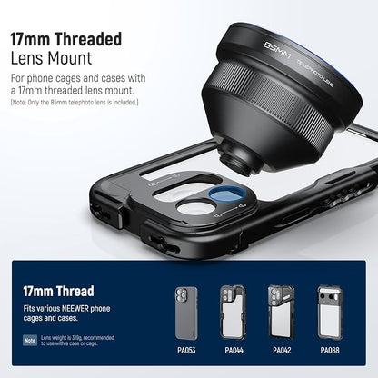 NEEWER HD 85MM Telephoto Phone Lens Only for 17mm Thread Backplate, 2.5X Magnification Compatible with SmallRig NEEWER iPhone Samsung Phone Cage Case with 17mm Lens Adapter, LS-59