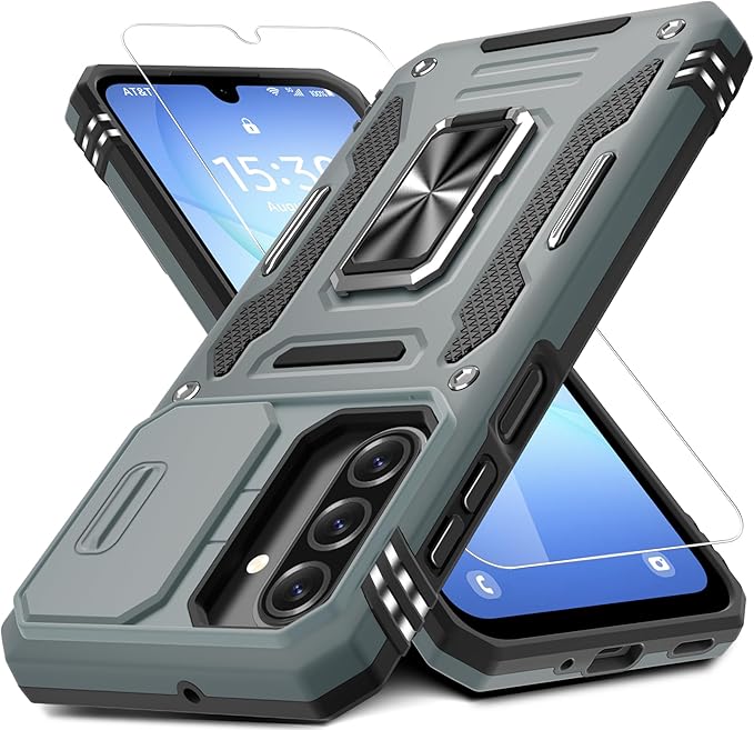 DEERLAMN Case for Samsung Galaxy A17 5G with Slide Camera Cover+Screen Protector (1 Pack), Rotated Ring Kickstand Military Grade Shockproof Protective Cover-Grey