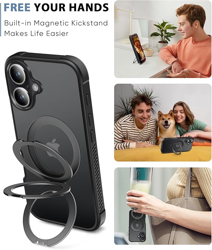 for iPhone 16 Plus Case, Built-in Magnetic & Seamless Stand, [Compatible with MagSafe] Protective Shockproof Phone Case, Clear Matte Back Slim Cover for iPhone 16Plus 6.7 Inch - Black