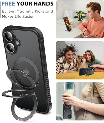 for iPhone 16 Plus Case, Built-in Magnetic & Seamless Stand, [Compatible with MagSafe] Protective Shockproof Phone Case, Clear Matte Back Slim Cover for iPhone 16Plus 6.7 Inch - Black