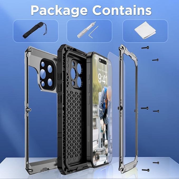 Mitywah Waterproof Case for iPhone 16 Pro, Shockproof Heavy Duty Case with Built-in Screen Protector, Underwater Full Body Protective Metal Case 6.3 inch, Silver