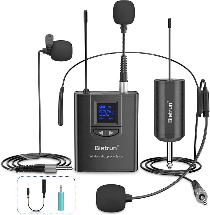 Bietrun UHF Wireless Lavalier Lapel Microphone System/Headset Mic/Stand Mic, 165ft Range, Rechargeable Transmitter Receiver, 1/4" Output, for iPhone,Android,PA Speaker,DSLR Camera,YouTube, Recording