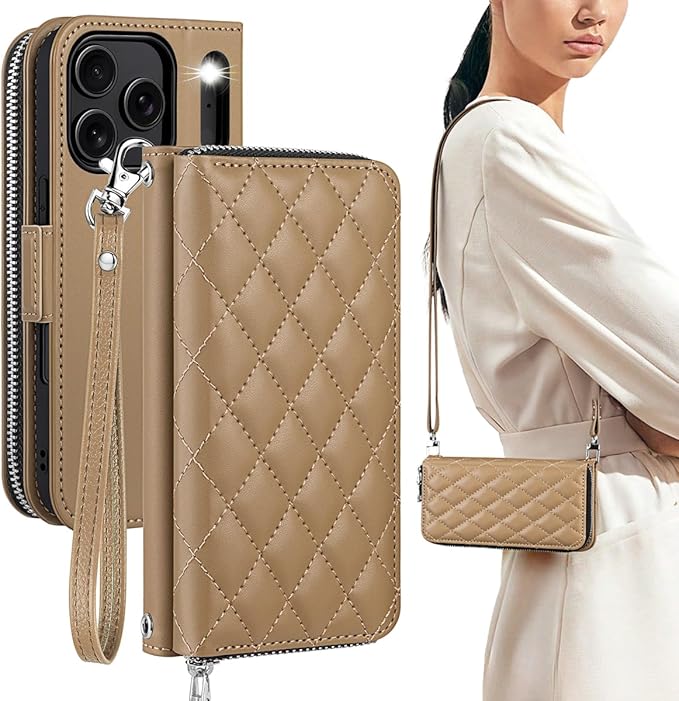 OCASE for iPhone 17 Pro Crossbody Wallet Case - Stylish PU Leather Handbag Phone Purse with Zipper Closure, Card Slots & RFID Blocking - Wrist Strap, Lanyard, Kickstand - Diamond Check Khaki