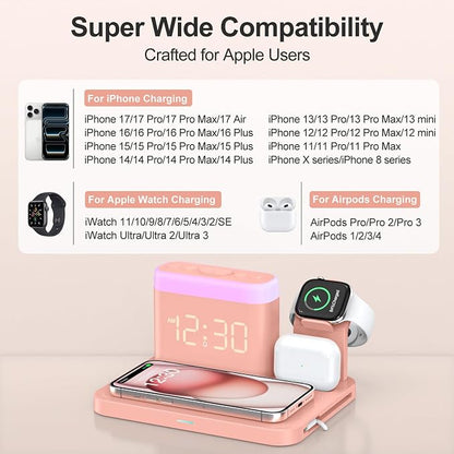 ANJANK 5 in 1 Wireless Charging Station with Alarm Clock,7 Night Light & 0-100% Dimmer,Qi Mag-Safe Charger Stand for Apple Devices - for iPhone 17 16 15 14 13 12 Pro Max Plus Air,Apple Watch,Airpods