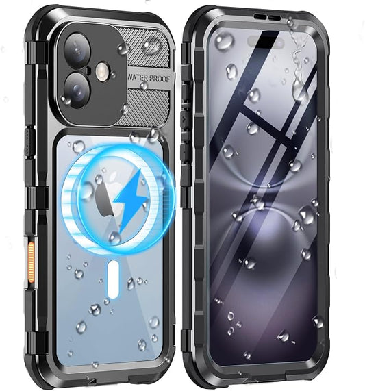 WIFORT for iPhone 16 Plus Waterproof Case - Metal Heavy Duty [Built-in Screen Protector] [14FT Military Shockproof] [Fit for MagSafe], IP68 Full Body Rugged Water Proof Magnetic Cover, 6.7" Black