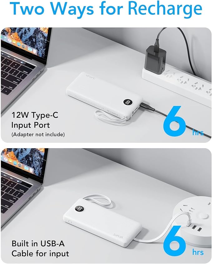 VRURC Portable Charger Built in 4 Cables, Slim Power Bank 10000mAh | Multi Devices Charging Bank with Lanyard, USB C Battery Pack for All Cell Phones, Samsung,Android-White(1 Pack)
