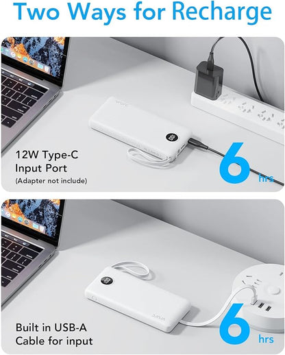 VRURC Portable Charger Built in 4 Cables, Slim Power Bank 10000mAh | Multi Devices Charging Bank with Lanyard, USB C Battery Pack for All Cell Phones, Samsung,Android-White(1 Pack)