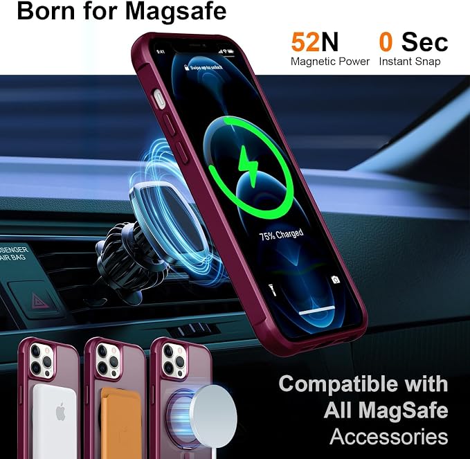 360° Magnetic Swivel Ring for iPhone 12 pro case, Built-in Metal Stand and Ring Holder, Magsafe Compatible, Military Grade Protection, Shock and Vibration Resistant - Wine Red