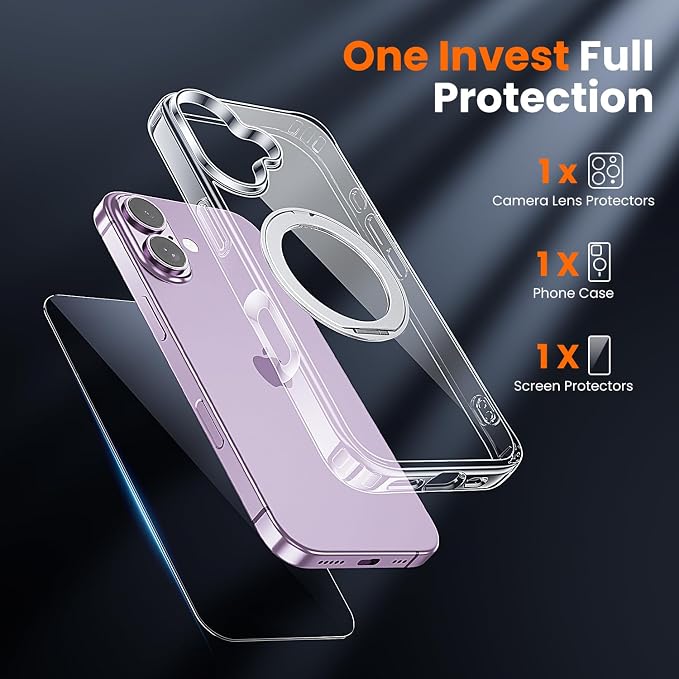 3 in 1 for iPhone 17 Case Stand |Build in Kickstand,Screen Protector *1 & Camera Lens Protector*1, Not Yellowing, Fits MagSafe, Military-Grade Protection