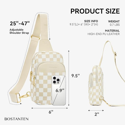 BOSTANTEN Sling Bag Quilted Crossbody Bags for Women Cross Body Purse Leather Fanny Pack with Adjustable Guitar Strap