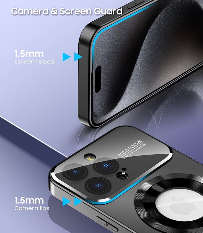Magnetic for iPhone 15 Pro Max Case, Compatible with MagSafe, Built-in Camera Lens Protector, Logo View, Military Grade Drop Proof Phone Cover, Black