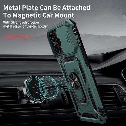 Vinve for iPhone 14 Pro Max Case with Slide Lens Cover HD Screen Protector, Military Grade Drop Protection, Magnetic Rotated Ring Holder Kickstand Protective Phone Case (Pine Green)