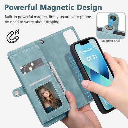 Wallet Case for iPhone 13 with Card Holder/Crossbody Wallet/Strap| RFID Blocking | Magnetic | Kickstand | Detachable | PU Leather Phone Case for iPhone 13,6.1 in,Blue