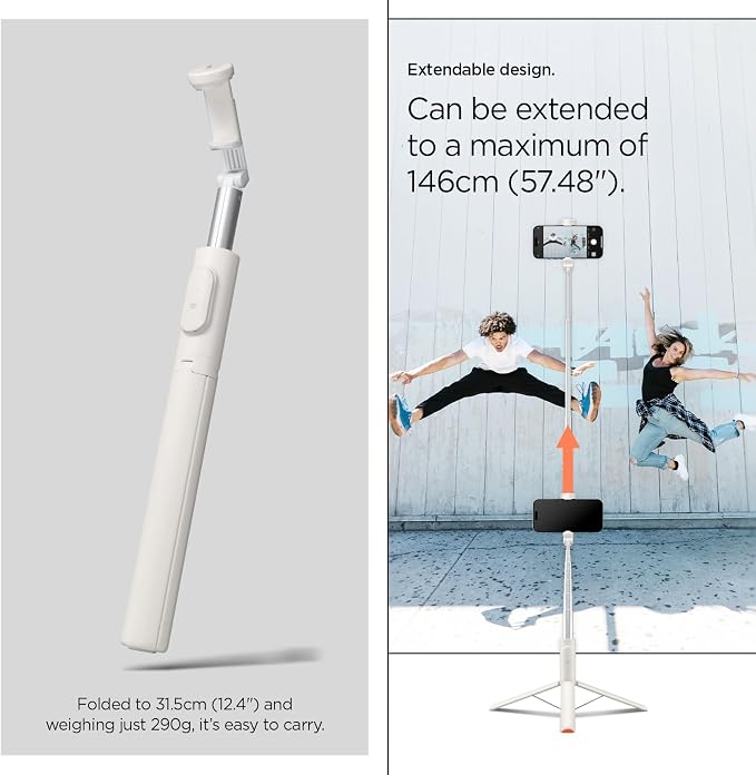 Spigen Selfie Stick Automatic Tripod Stand with Bluetooth Remote Control Shutter 57" Extendable Compatible with MagSafe iPhone 17/16/15/14/13/12 Pixelsnap Pixel 10 Series & More - Dune Beige (S541W)