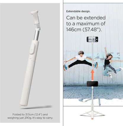 Spigen Selfie Stick Automatic Tripod Stand with Bluetooth Remote Control Shutter 57" Extendable Compatible with MagSafe iPhone 17/16/15/14/13/12 Pixelsnap Pixel 10 Series & More - Dune Beige (S541W)