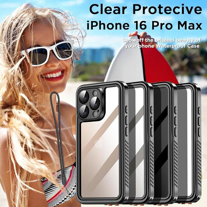 AICase Compatible with iPhone 16 Pro Max Case Waterproof, Clear Water Proof Built-in Screen Protector Shockproof Dustproof Snowproof Full Body Rugged Underwater Phone Case