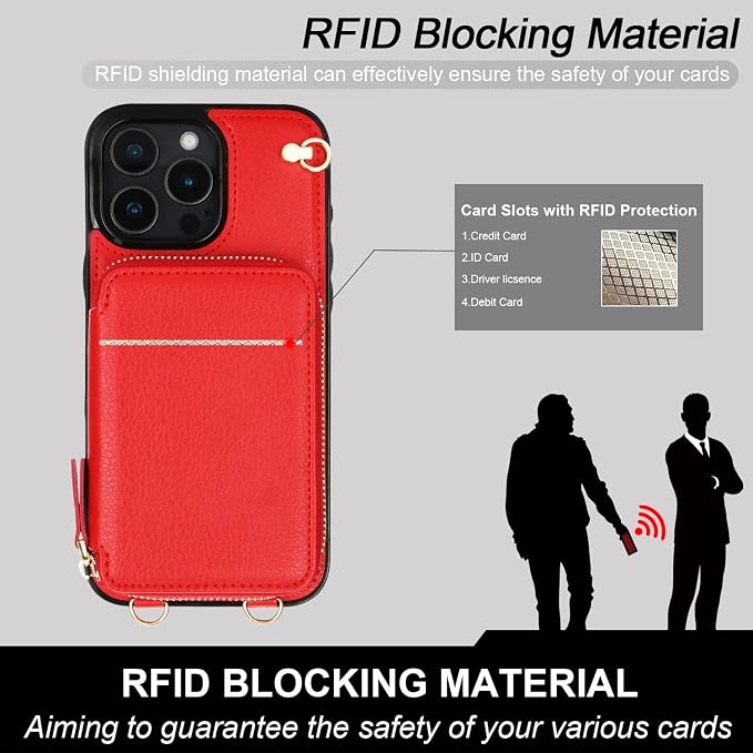 Bocasal Crossbody Wallet Case for iPhone 16 Pro Max, RFID Blocking Leather Purse Case with Card Holder, Protective Handbag Flip Cover with Zipper Wrist Strap Lanyard for Women 5G 6.9 Inch (Red)