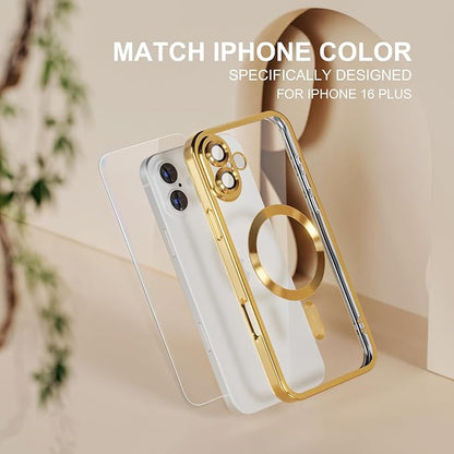 Misea Magnetic for iPhone 16 Plus Case Compatible with MagSafe [Never Yellowing] [Military Grade Drop Protection] Full Camera Lens Protector Plating Soft Clear Phone Case for Women 6.7", Gold