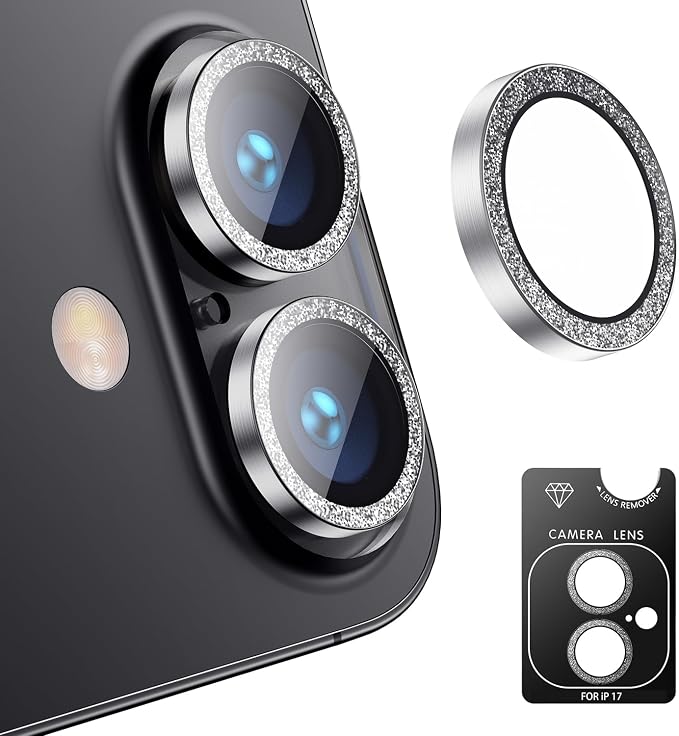 AFARER Camera Lens Protector for iPhone 17/16/16Plus,[Strong Adsorption] [Not Easy to Break] 9H Ultra-thin Tempered Glass,Individual Bling Cover & HD Clarity(Glitter Silver)