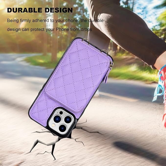 Bocasal Crossbody Wallet Case for iPhone 13 Pro Max, RFID Blocking PU Leather Zipper Handbag Purse Flip Cover, Kickstand Folio Case with Card Slots Holder Wrist Strap Lanyard 5G 6.7 Inch (Purple)